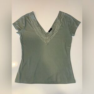 Light Green V-Neck Lace Trim Top